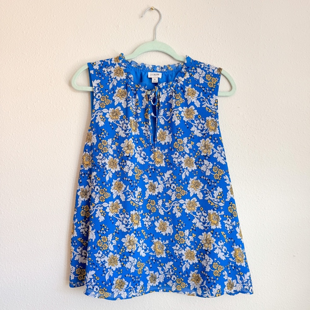 J. Crew Bright Blue White and Yellow Sleeveless Floral Tie-Neck Blouse